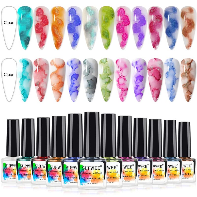 SUPWEE Blooming Watercolor Ink Nail Polish Marble Nail Polish Flower Blossom Nails for Spreading Marble Effect Manicure 12 Colors 7ml025fl oz