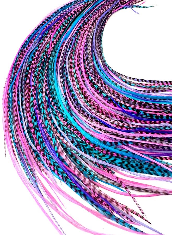 Feather Headz 21 Purple Pink & Turquoise Color Hair Extensions - 9”-14” Long - DIY Rooster Kit with 20 Micro-Link Beads - 100% Real Feathers - Eye-Catching Boho Style - Image 1