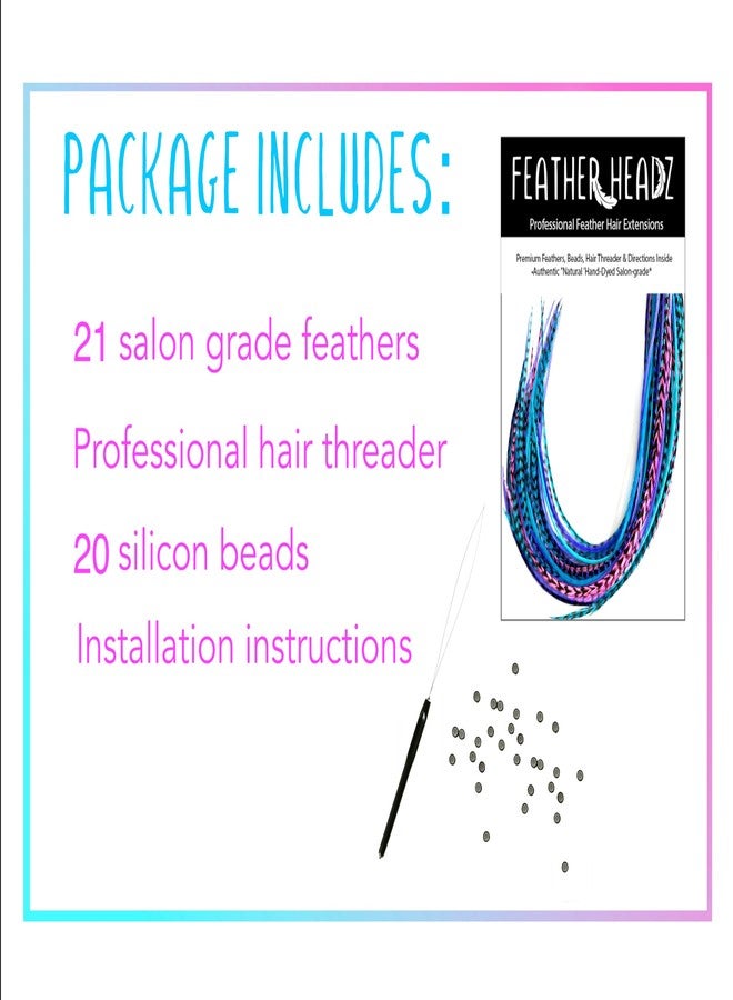 Feather Headz 21 Purple Pink & Turquoise Color Hair Extensions - 9”-14” Long - DIY Rooster Kit with 20 Micro-Link Beads - 100% Real Feathers - Eye-Catching Boho Style - Image 2