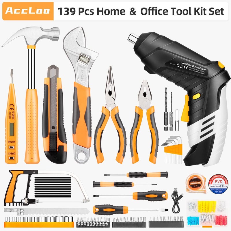 AccLoo Tools Box Set 139 Pieces with Rechargeable Electric Screwdriver Set ＆ Hand Tools & Sturdy Storage Case, DIY tools box Kits for Garden Office House Household Repair - Image 2