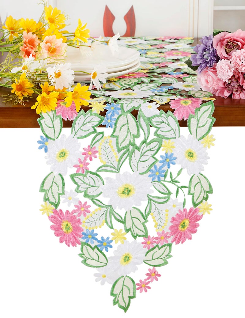 GRANDDECO Spring Flower Table Runner Embroidered Flowery Table Placemats Floral Cutwork Table Doily Home Kitchen Dining SpringSummer Tabletop Decoration Red Runner 1368 Daisy 