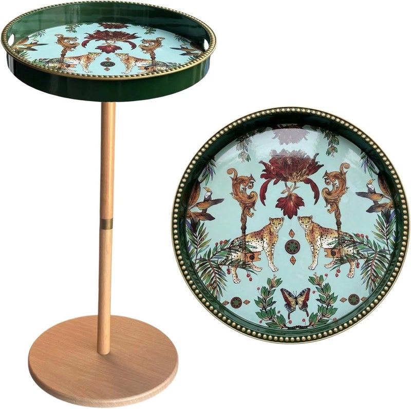 Simmer Stone Boho Round Side Table With Tray Top, Pedestal Drink Table for Small Spaces, Aesthetic Accent Nightstand for Living Room, Bedroom, Corners, and Office (Yellow Leg Green leopard) - Image 1