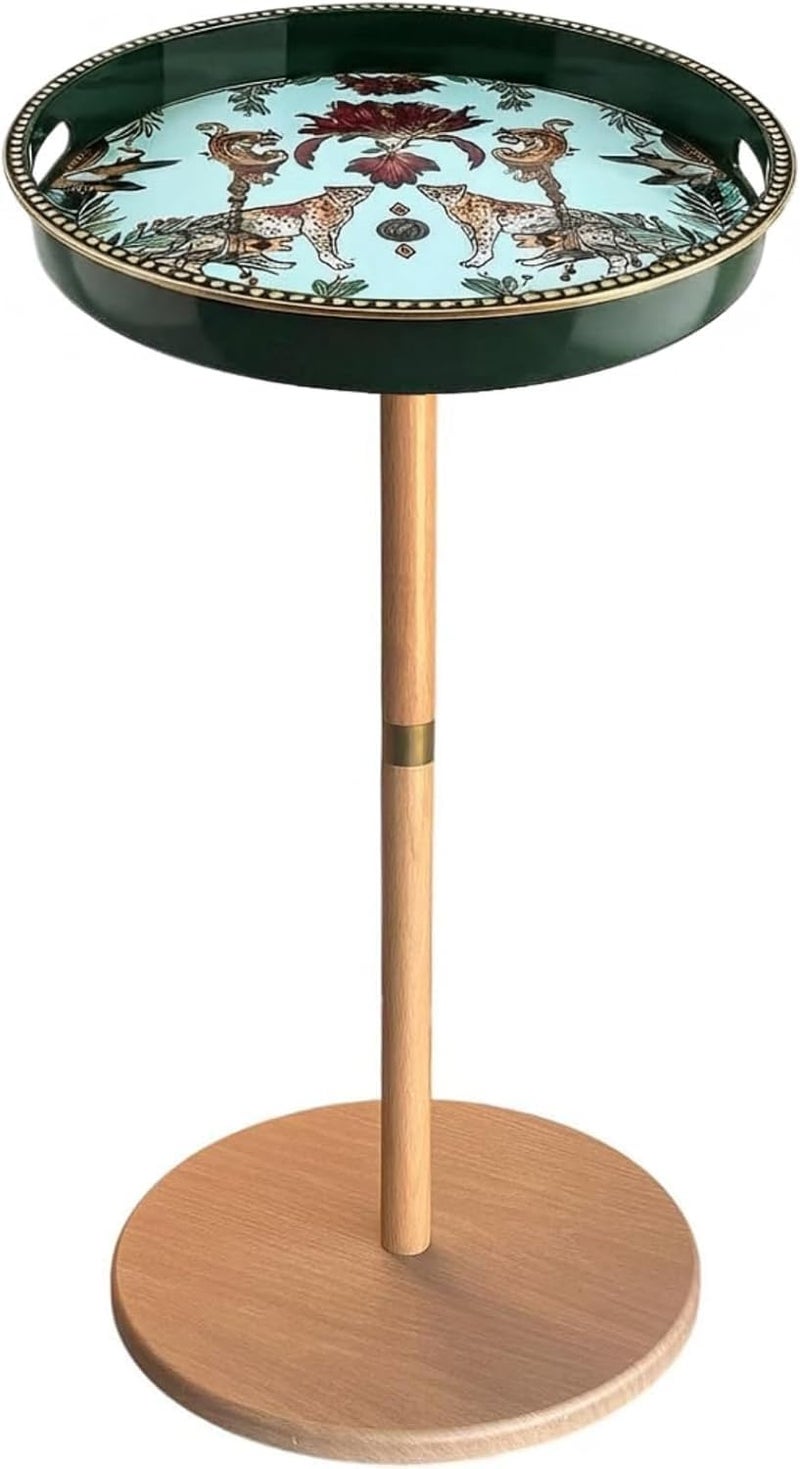 Simmer Stone Boho Round Side Table With Tray Top, Pedestal Drink Table for Small Spaces, Aesthetic Accent Nightstand for Living Room, Bedroom, Corners, and Office (Yellow Leg Green leopard) - Image 4