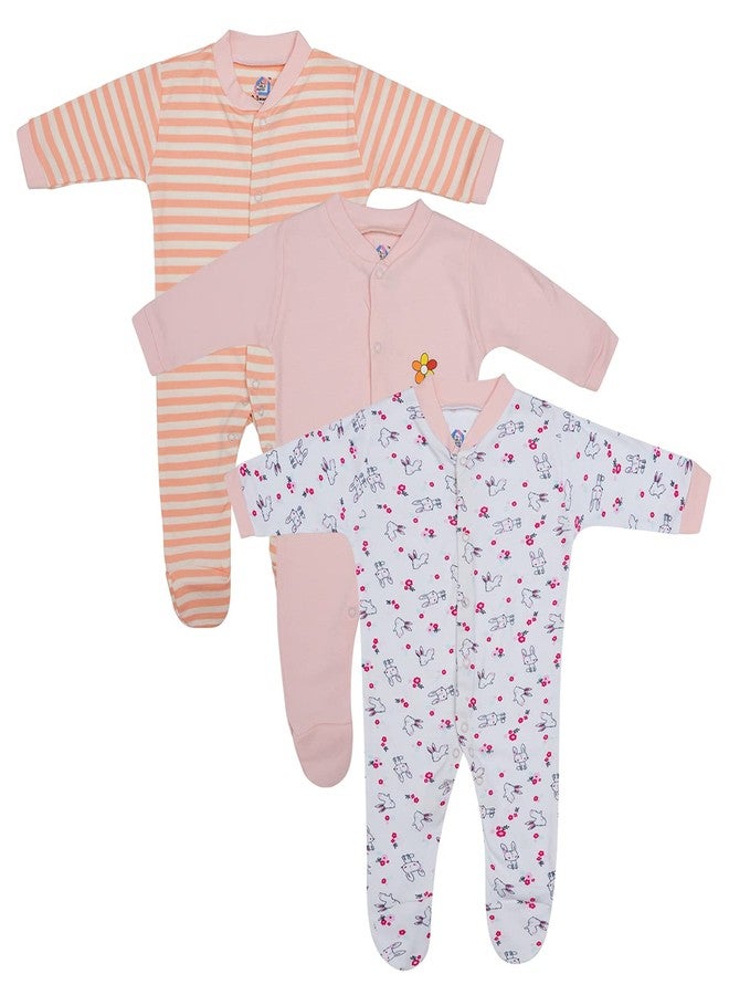 Magic Town® 100% Hosiery Cotton Unisex Long Sleeve Sleep Suit Romper for Boys Girls and Infants Set of 3 (multi color) (9-12 Months) - Image 1