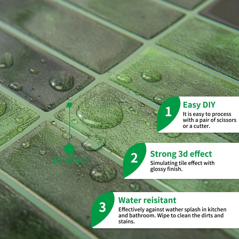 LONGKING 10-Sheet Green Peel and Stick Backsplash Tiles for Kitchen Wall, Kitchen Backsplash Wall Tile, Waterproof Back Splash Stick on Tiles for Bathroom - Image 3