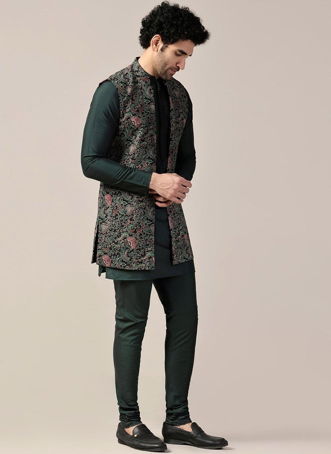 KISAH Men Regular Straight Kurta With Churidar & Printed Nehru Jacket Set - Image 5