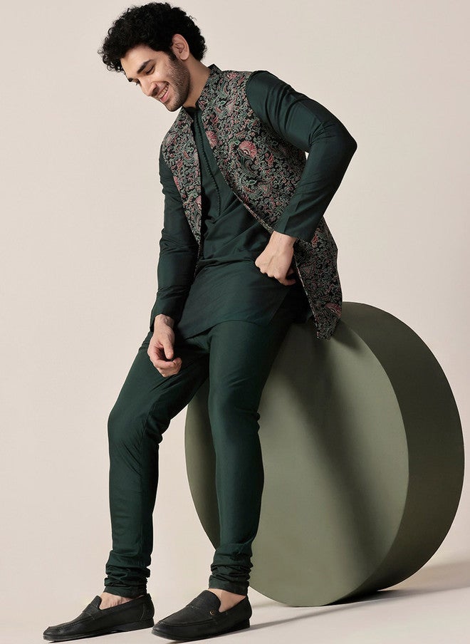 KISAH Men Regular Straight Kurta With Churidar & Printed Nehru Jacket Set - Image 1