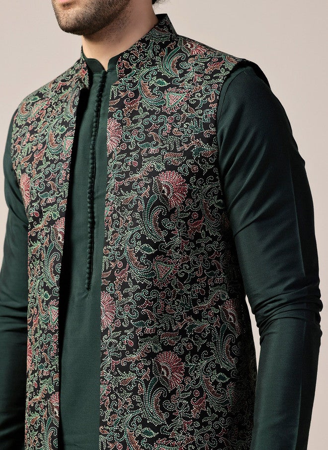 KISAH Men Regular Straight Kurta With Churidar & Printed Nehru Jacket Set - Image 3