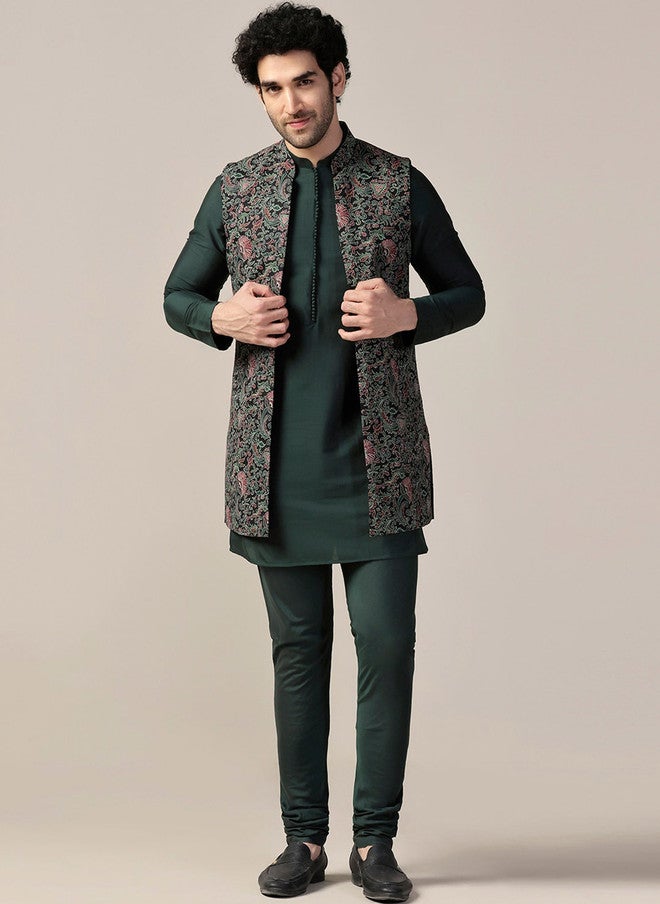 KISAH Men Regular Straight Kurta With Churidar & Printed Nehru Jacket Set - Image 2