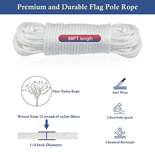 NQ Flagpole Hardware Repair Parts Kit,50 Feet Halyard Rope+3" Silver Ball+6" Zinc Alloy Cleat+4 Metal Swivel Snap Clips+Aluminum Alloy Flagpole Truck with Nylon Pulley for 1.6"-2" Flag Poles - Image 5