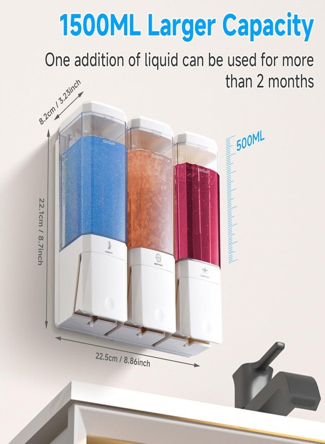 GlintGath Shampoo and Conditioner Dispenser,GlintGath Shower Dispenser 3 Chamber No Drill Shampoo Dispenser for Shower Wall Mounted Shower Soap Dispenser for Bathroom Hotel,Large Capacity 3 * 500ML,White - Image 2
