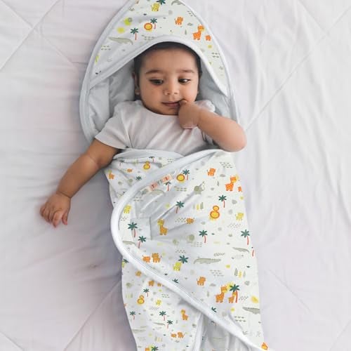 TIDY SLEEP Newborn Hooded Baby Blanket | Soft Cotton Receiving Wrap for 0–3 Months | Hospital Swaddle for Boys & Girls (Jungle Safari) - Image 1