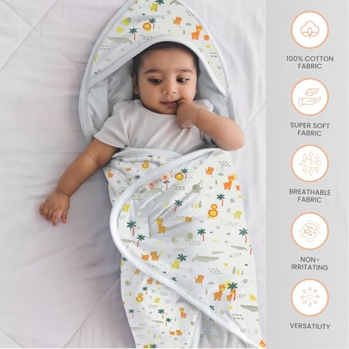 TIDY SLEEP Newborn Hooded Baby Blanket | Soft Cotton Receiving Wrap for 0–3 Months | Hospital Swaddle for Boys & Girls (Jungle Safari) - Image 2