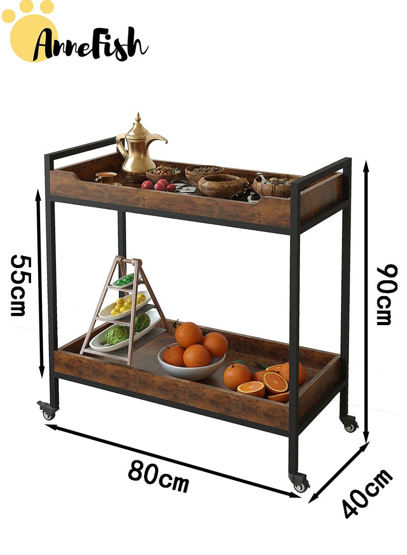 آن فش عربة تقديم طعام منزلية متدحرجة ذات مستويين مزودة بعجلات وأرفف تخزين وعربات مشروبات مزودة بأسوار مرتفعة لمنع الانقلاب للمطبخ وغرفة الطعام وغرفة المعيشة - Image 4