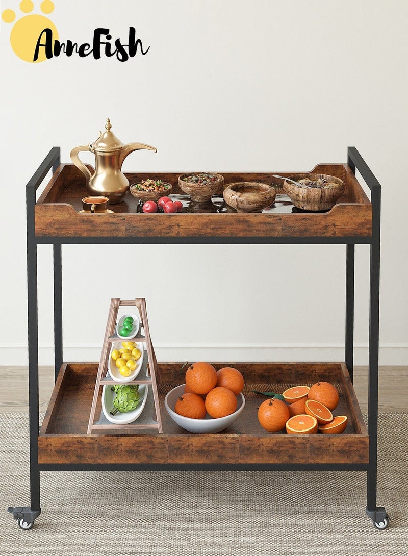 آن فش عربة تقديم طعام منزلية متدحرجة ذات مستويين مزودة بعجلات وأرفف تخزين وعربات مشروبات مزودة بأسوار مرتفعة لمنع الانقلاب للمطبخ وغرفة الطعام وغرفة المعيشة - Image 3