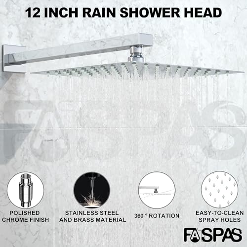 Fatspas Shower System with Tub Spout, Wall Mounted Shower Faucet Set for Bathroom with 12 Inch Rain Shower Head and Handheld Shower Head Set, Polished Chrome - Image 2
