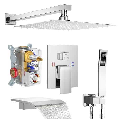 Fatspas Shower System with Tub Spout, Wall Mounted Shower Faucet Set for Bathroom with 12 Inch Rain Shower Head and Handheld Shower Head Set, Polished Chrome - Image 1