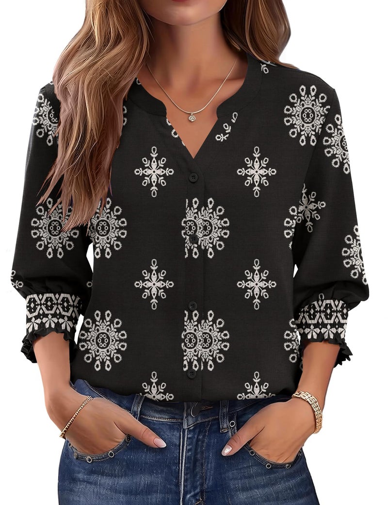 LOMON Button Down Shirts for Women 3/4 Length Sleeve Business Casual Blouses 2026 Summer Tops - Image 1