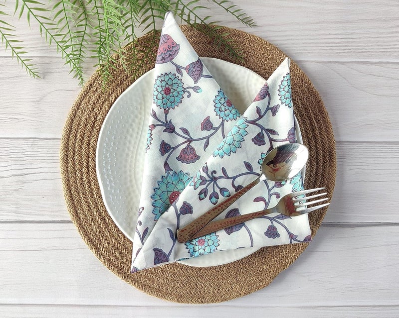 AVKA Studio Thin Washable Cotton Napkin 18x18 inches  Lightweight Cloth Printed Napkins Set of 6  Everyday Use or Dinner Party and Events  Blue and White Floral Indian Block Print Soft Fabric by Craftbot - Image 3