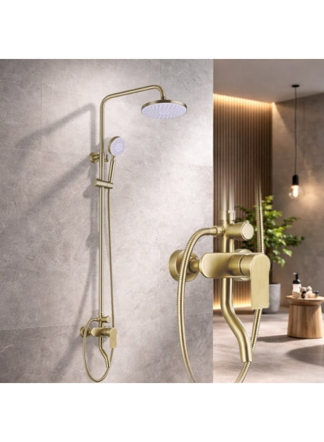 TASVORA Modern Exposed Shower Mixer Set | Gold Finish | Brass Body | Stainless Steel Tube | ABS Round Rain Shower Head with Hand Shower | Bathroom Shower System - Image 2
