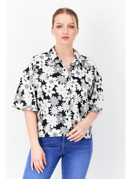 French Connection Women Spread Collar Short Sleeve Floral Blouse, Black  - Image 1