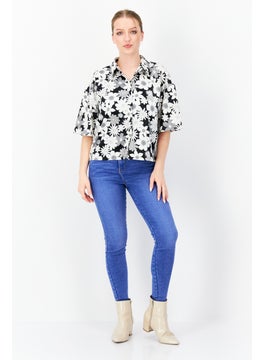French Connection Women Spread Collar Short Sleeve Floral Blouse, Black  - Image 4