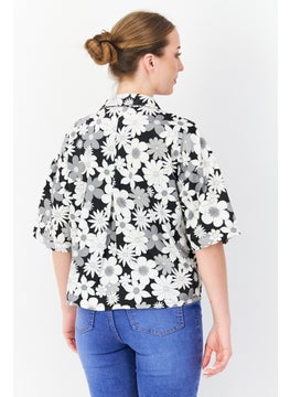 French Connection Women Spread Collar Short Sleeve Floral Blouse, Black  - Image 2