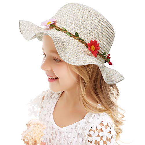 Bienvenu Sun Straw Hat Kids Girls Large Wide Brim Travel Beach Beanie Cap,Beige - Image 1