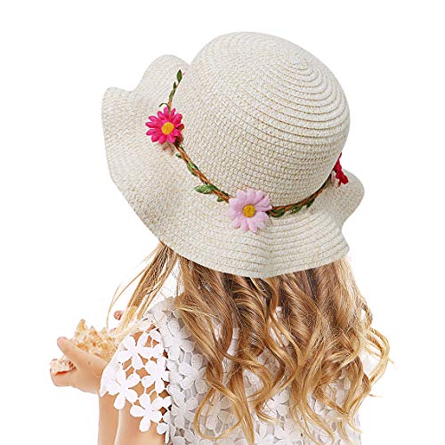 Bienvenu Sun Straw Hat Kids Girls Large Wide Brim Travel Beach Beanie Cap,Beige - Image 5