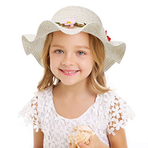 Bienvenu Sun Straw Hat Kids Girls Large Wide Brim Travel Beach Beanie Cap,Beige - Image 3