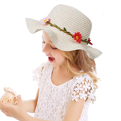 Bienvenu Sun Straw Hat Kids Girls Large Wide Brim Travel Beach Beanie Cap,Beige - Image 4