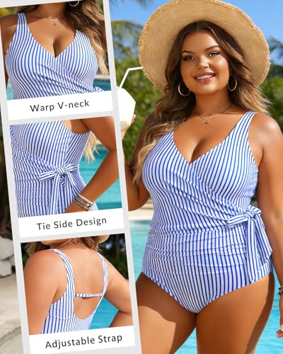 Yonique Plus Size One Piece Swimsuits for Women Tummy Control Bathing Suits Full Coverage Swimwear Blue Stripe 20W - Image 5