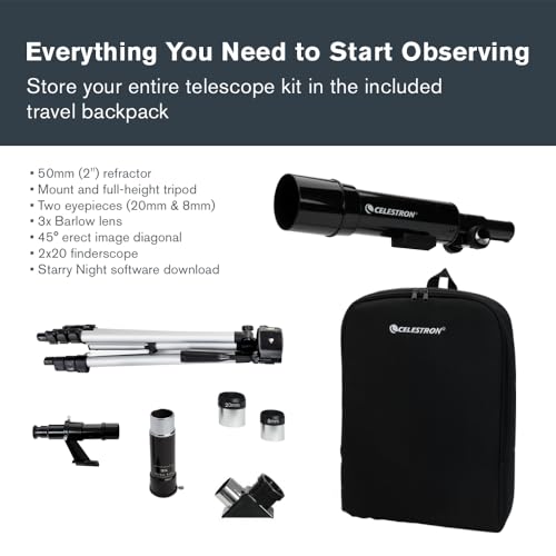 Celestron Travel Scope 50 Portable Refractor Telescope – 50mm Aperture, Fully-Coated Glass Optics – Includes Tripod, Backpack & Software – Ideal for Beginners & Travel - Image 3