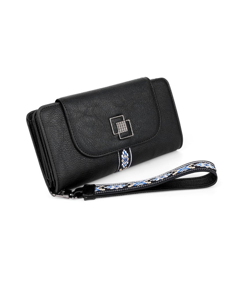 FADEON Leather Wallets for Women, Large RFID Blocking Trifold Wristlet Purse with Credit Card Holder Organizer Black - Image 1