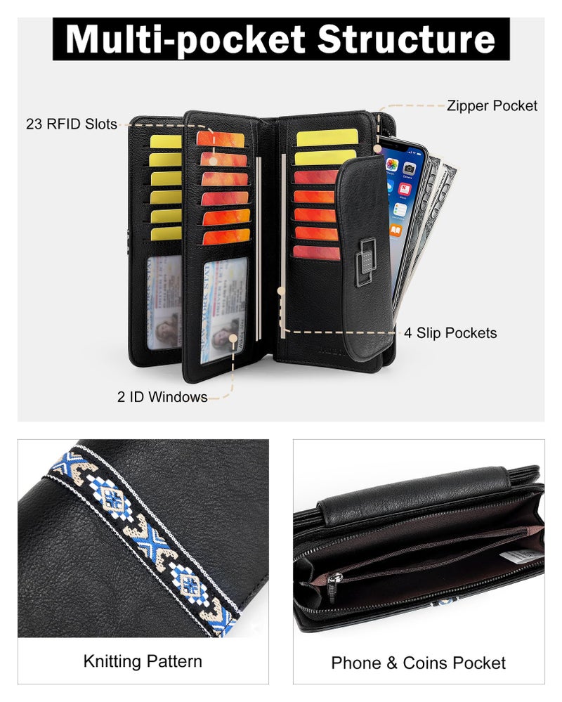 FADEON Leather Wallets for Women, Large RFID Blocking Trifold Wristlet Purse with Credit Card Holder Organizer Black - Image 3