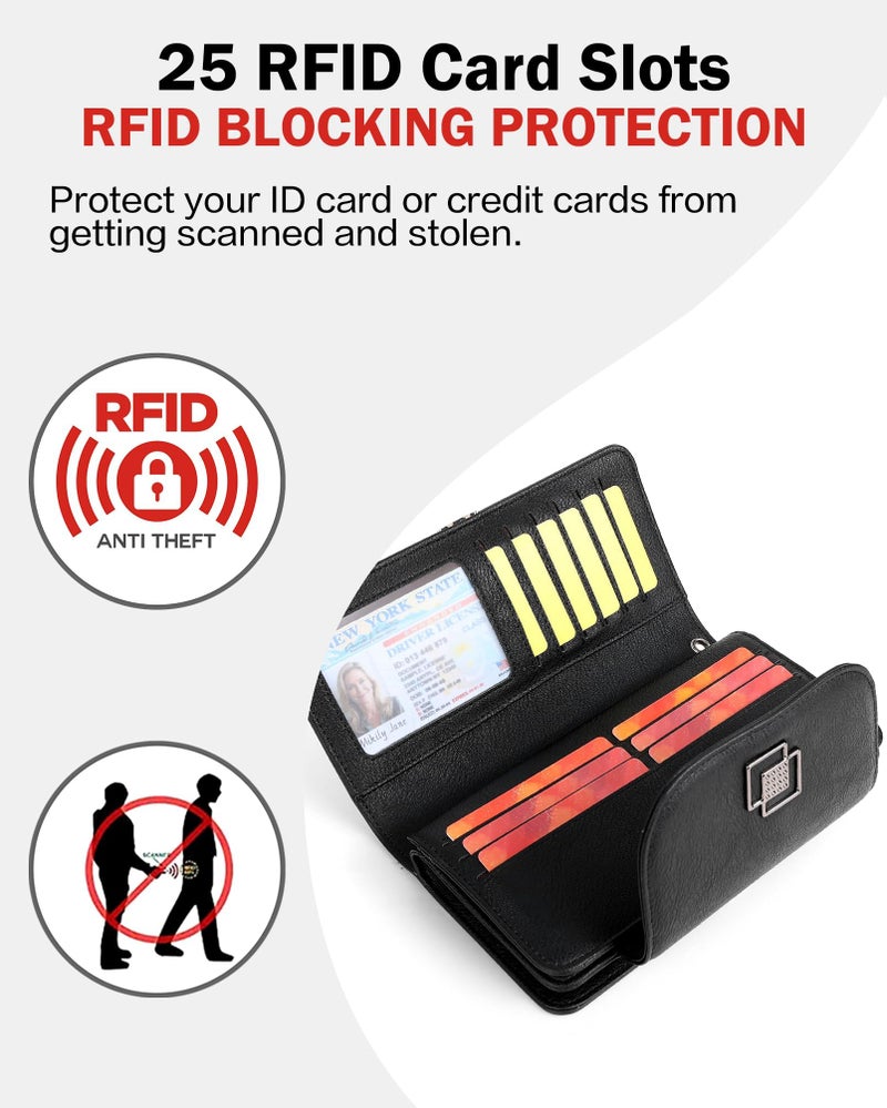 FADEON Leather Wallets for Women, Large RFID Blocking Trifold Wristlet Purse with Credit Card Holder Organizer Black - Image 5
