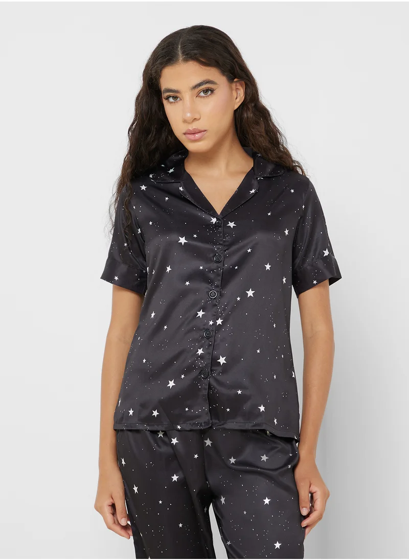Ginger Satin Star Printed Shirt & Pjama Set