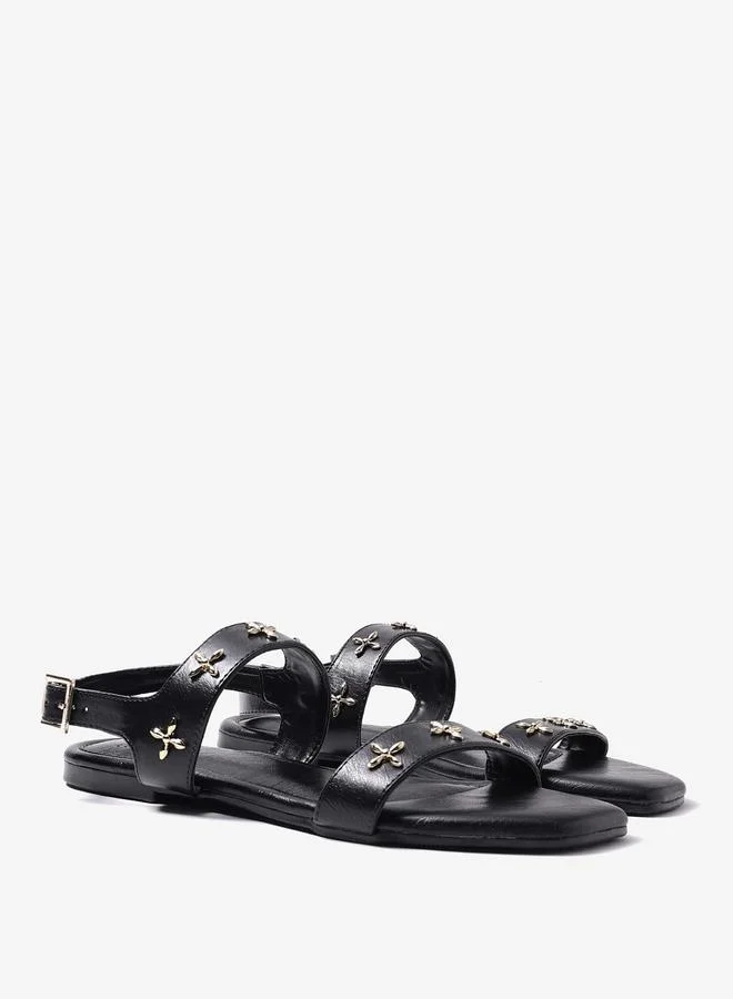 Pair-Ie Tales Black Double Strap Sandals with Metal Adornment