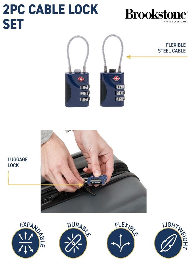 بروكستون قفل كابل بروكستون - عبوة من قطعتين، قفل أمتعة بدون مفتاح بثلاثة أرقام معتمد من إدارة أمن النقل الأمريكية - قفل سلكي قابل لإعادة الضبط، أزرق - Image 2