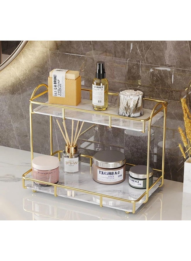 Kiwilon 2 Tier Golden Countertop Organizer for Bathroom Kitchen Rack with White Marble Look Plastic Tray Cosmetic Storage Shelf (BlackXGold) - Image 4