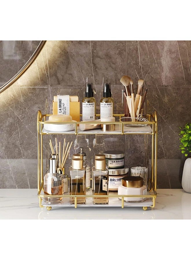 Kiwilon 2 Tier Golden Countertop Organizer for Bathroom Kitchen Rack with White Marble Look Plastic Tray Cosmetic Storage Shelf (BlackXGold) - Image 5