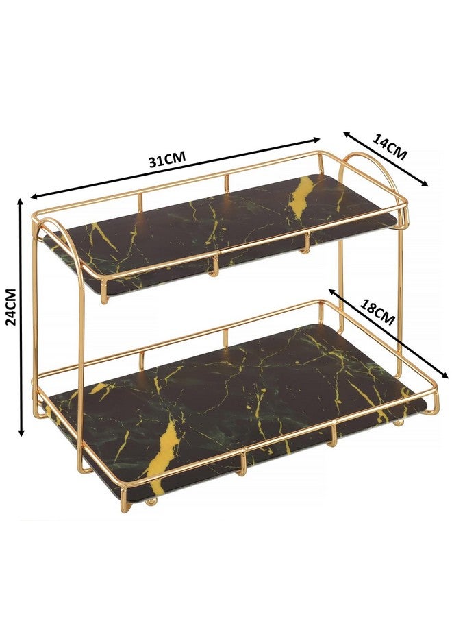Kiwilon 2 Tier Golden Countertop Organizer for Bathroom Kitchen Rack with White Marble Look Plastic Tray Cosmetic Storage Shelf (BlackXGold) - Image 2