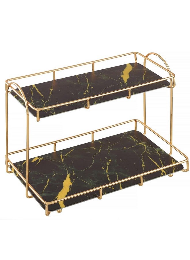 Kiwilon 2 Tier Golden Countertop Organizer for Bathroom Kitchen Rack with White Marble Look Plastic Tray Cosmetic Storage Shelf (BlackXGold) - Image 1
