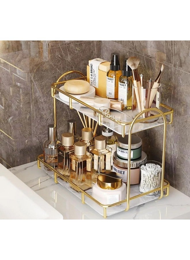 Kiwilon 2 Tier Golden Countertop Organizer for Bathroom Kitchen Rack with White Marble Look Plastic Tray Cosmetic Storage Shelf (BlackXGold) - Image 3