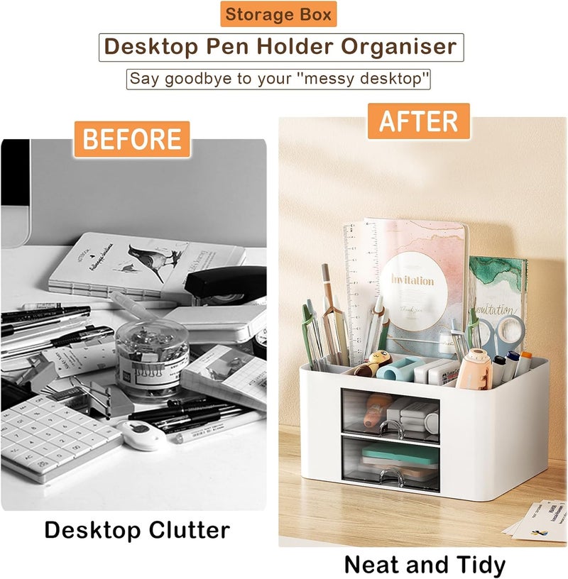 COMFYROOM Desk Organizer with 4 Compartments and 2 Drawers, Pen Holder for Desktop Storage, Makeup Organizer, Desk Organization and Accessories for School, Home, Office Supplies (White) - Image 4