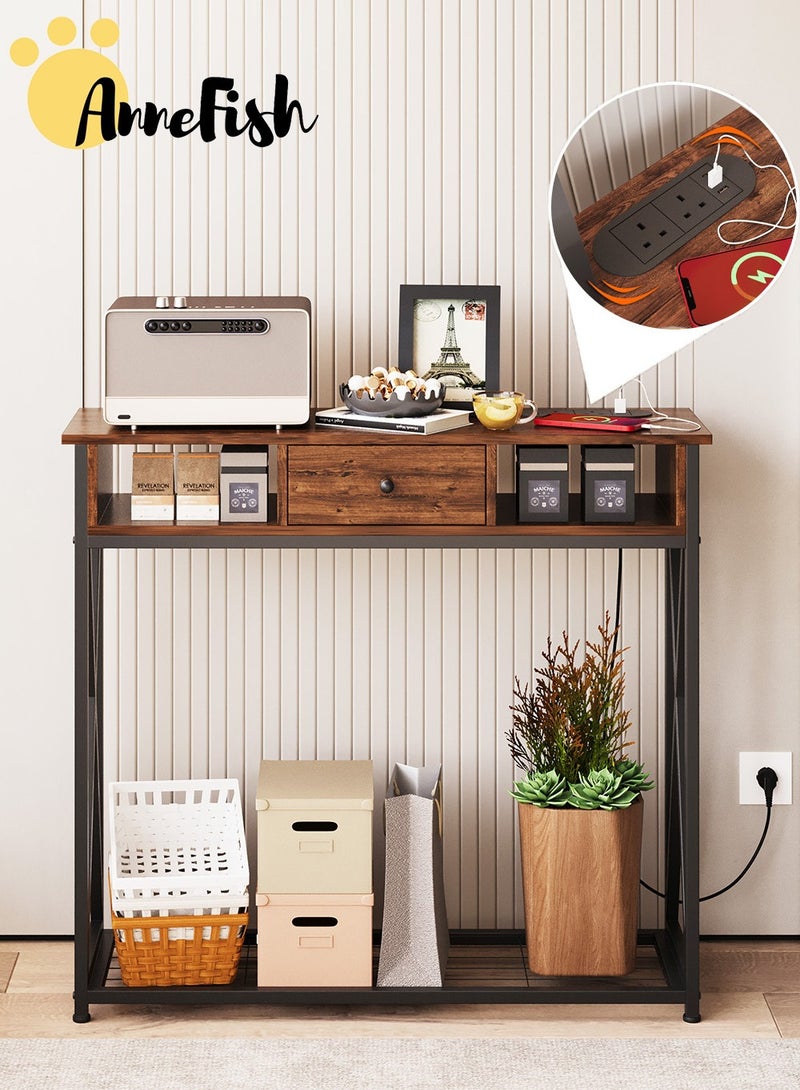AnneFish 100*30*90cm Console Table with Power Outlet Sofa Table with  Storage Shelf and Entryway Table for Couch Hallway Entrance Living Room - Image 1