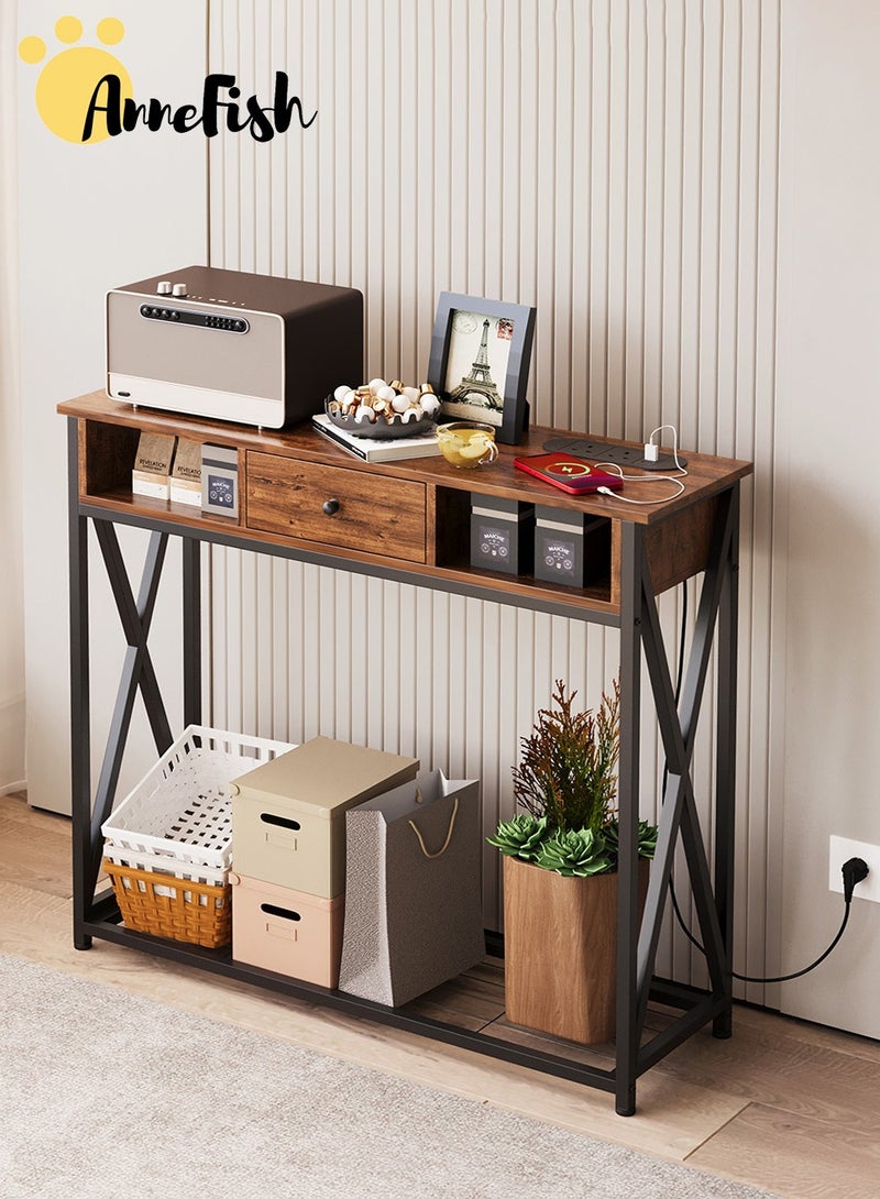 AnneFish 100*30*90cm Console Table with Power Outlet Sofa Table with  Storage Shelf and Entryway Table for Couch Hallway Entrance Living Room - Image 3