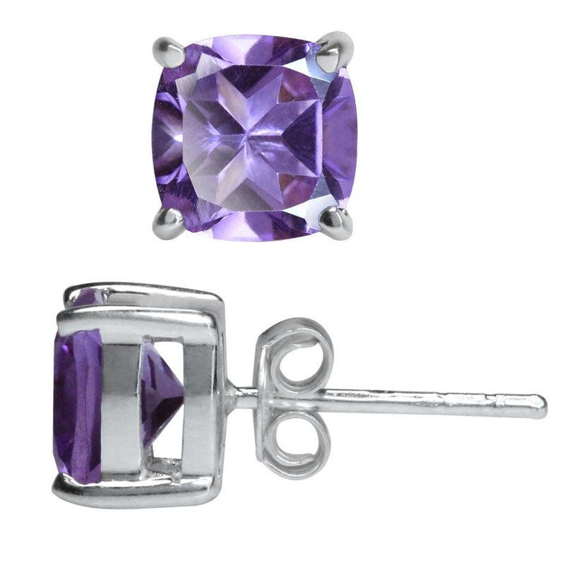 Silvershake 2.56ct. 7mm Natural Cushion Shape Amethyst 925 Sterling Silver Stud Earrings - Image 1