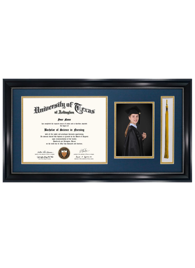 GraduationMall GraduationMall 11x22 Black Diploma Frame with Tassel Holder and Picture for 85x11 Certificate 5x7 PhotoReal GlassNavy over Gold Mat 