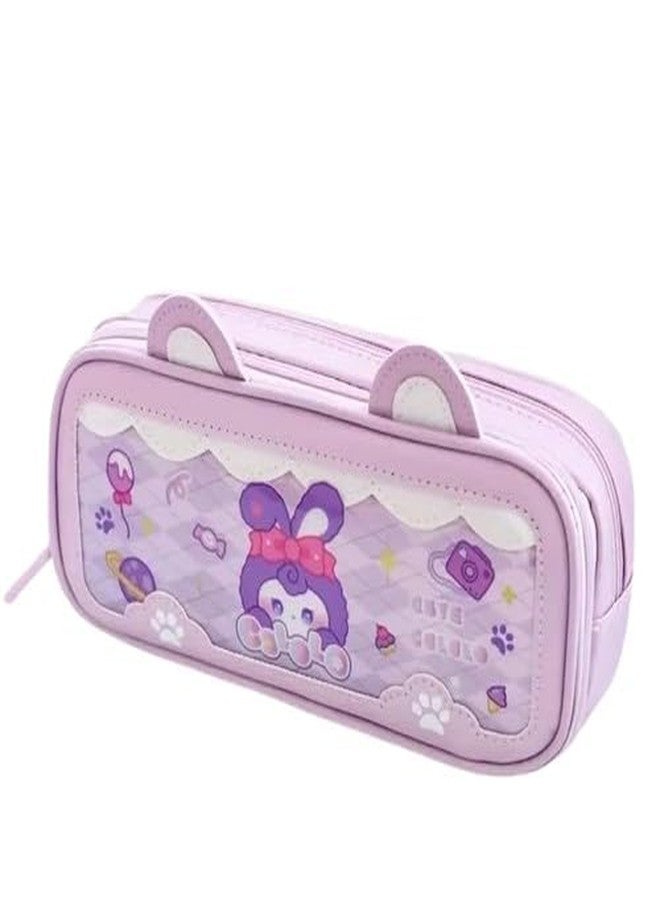 CHIRANSI 3 Compartment Transparent Pencil Pouch with Zipper,Creative Cartoon Theme Pencil Pouch,Multipurpose Pen & Pencil Pouch for School Supplies for Boys & Girls (Pack of 1) (Purple - Girl) - Image 1